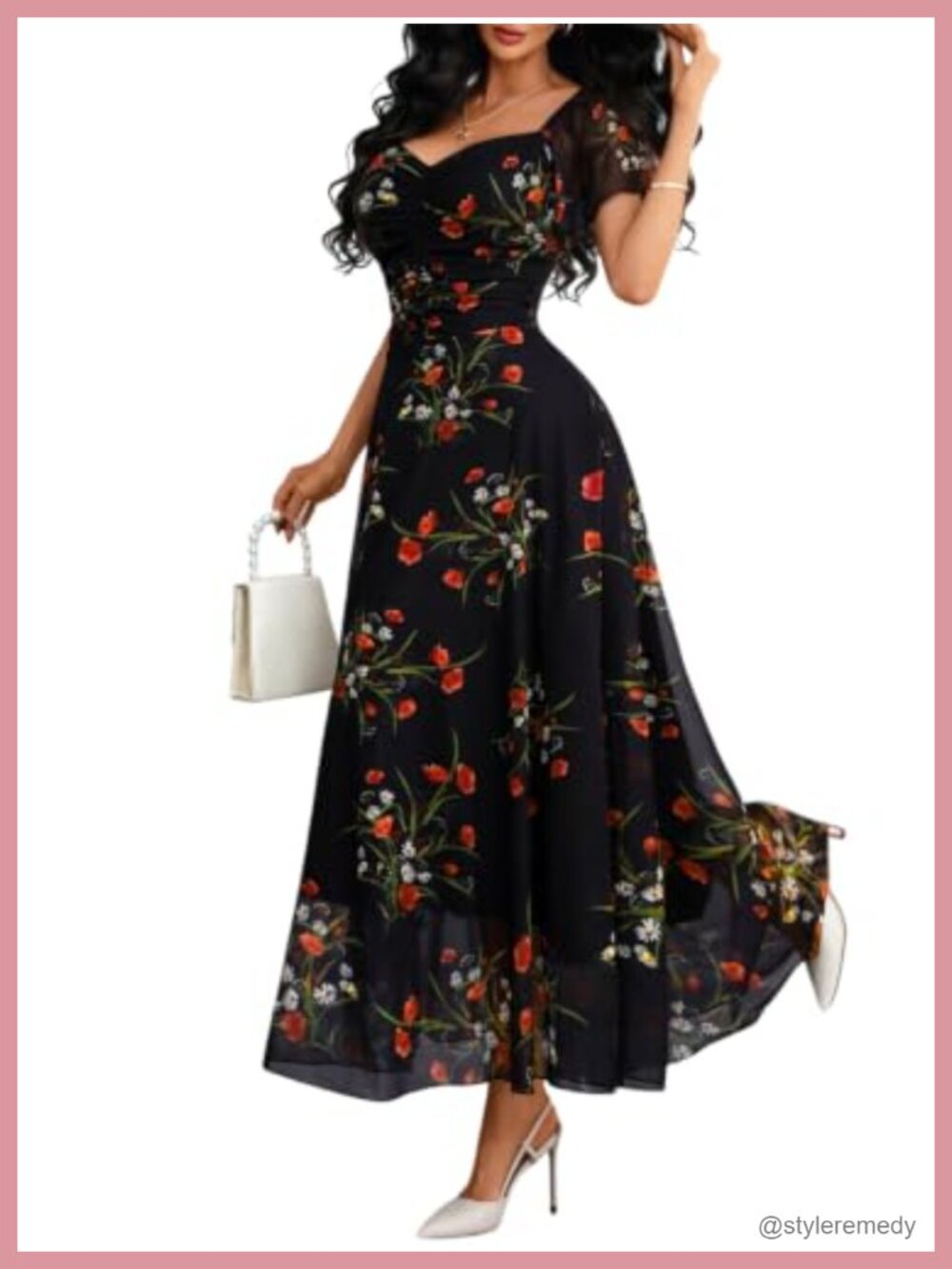 Women's Floral Mesh A-Line Short Sleeve Party Wedding Guest Dress